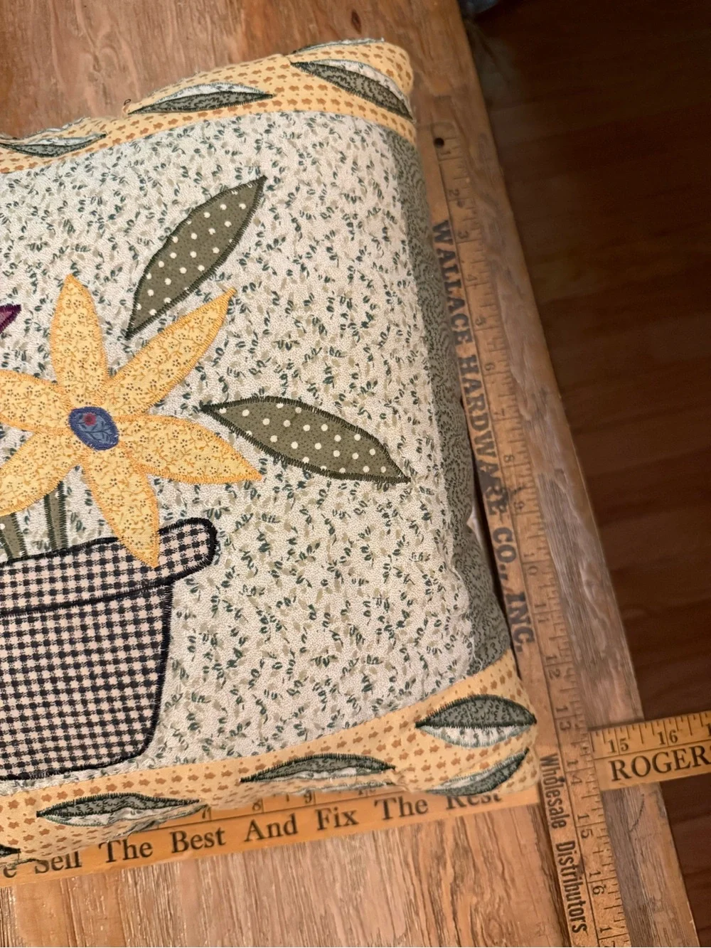 Handmade Floral Applique Decorative Pillow - Yellow & Green